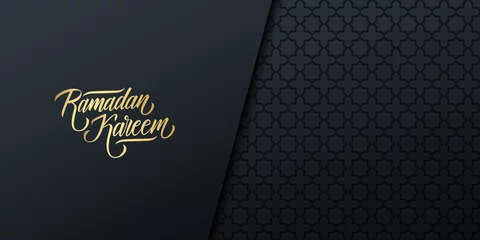 Foto op Plexiglas Ramadan celebrate banner with golden colored handwritten inscription Ramadan Kareem and black arabic pattern. Vector illustration. © FineVector
