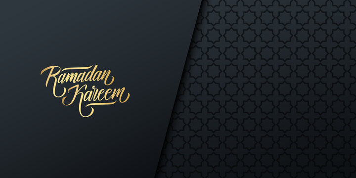 Ramadan celebrate banner with golden colored handwritten inscription Ramadan Kareem and black arabic pattern. Vector illustration.