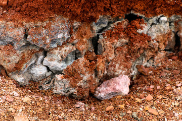  texture of different layers of clay underground in  clay quarry after geological study of soil.