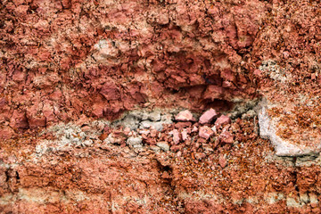  texture of different layers of clay underground in  clay quarry after geological study of soil.