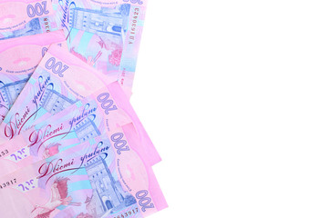 Ukrainian money hryvnia on white backgrounf isolated.  Top view, copy space for text