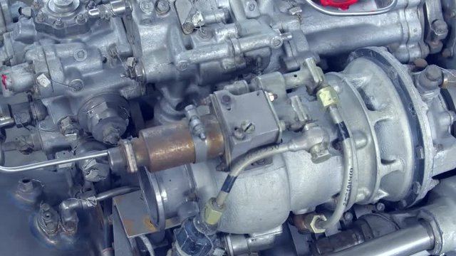 The structure of the engine. Internal structure elements of turbine aircraft engine.