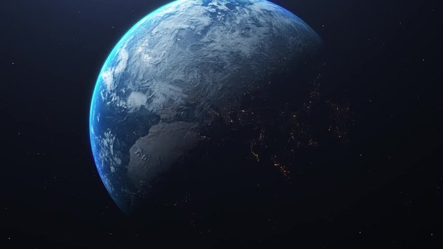 Planet Earth from the space. Time lapse of the rotation and city lights. Space exploration.