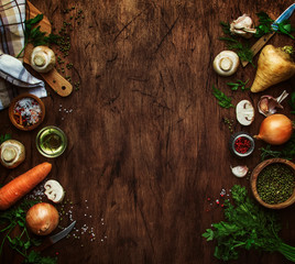 Food cooking background. Ingredients for prepare green lentils with vegetables, spices and herbs,...