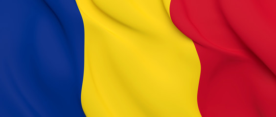 National Fabric Wave Close Up Flag of Romania Waving in the Wind. 3d rendering illustration.