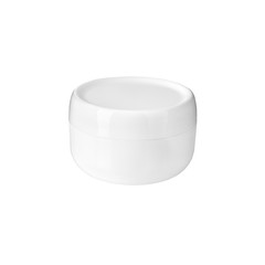 White round cream jar on white background isolated close up, moisturizing hand, face or body cream plastic circle bottle with lid mock up, natural cosmetic package product design template, copy space