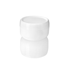 White round cream jar on white background isolated with reflection closeup, moisturizing hand, face or body cream circle plastic container mock up, cosmetic package product design template, copy space