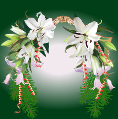 lily flowers in decorated frame on green background
