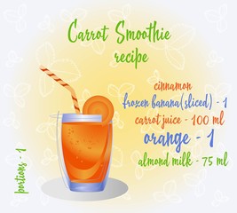 Carrot smoothie recipe. Fresh organic smoothie ingredients. Health or detox diet food concept.