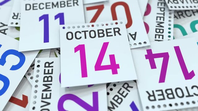 Calendar page shows October 14 date. 3D animation