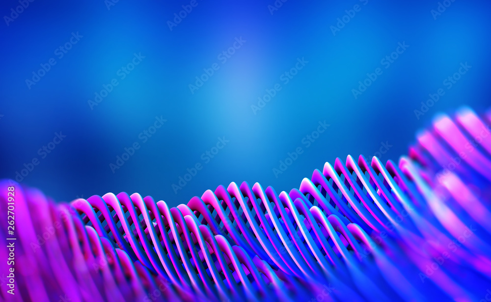 Poster futuristic abstract neon waves. twisted lines with shallow depth of field. 3d illustration in purple