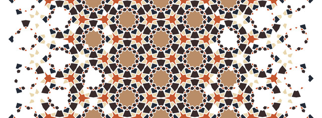 Arabesque vector seamless pattern. Geometric halftone texture with color tile disintegration or breaking