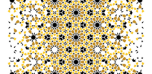 Arabesque vector seamless pattern. Geometric halftone texture with color tile disintegration or breaking