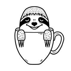 Lazy hand drawn sloth face inside a coffee cup. Hand drawn, doodle style. - 262702573