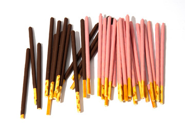 Pocky candy background.Box for cookies with bright flogging.Japan sweets. Bright white background