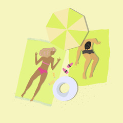People lying on blankets or towels on beach sand. Men and women relaxing at summer resort Vector illustration
