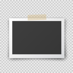 Photo frame with shadow pin on sticky tape. Old empty black snapshot isolated on transparent background. Vector picture for your design.