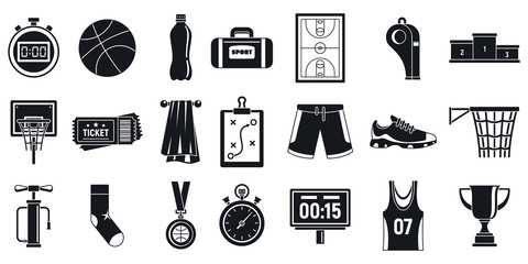 Sport basketball equipment icons set. Simple set of sport basketball equipment vector icons for web design on white background