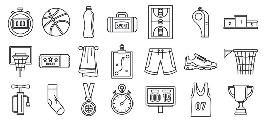 Basketball game equipment icons set. Outline set of basketball game equipment vector icons for web design isolated on white background
