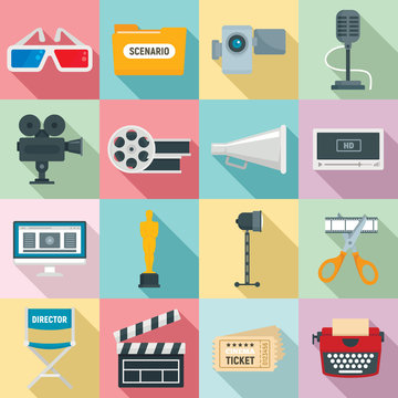 Film production icons set. Flat set of film production vector icons for web design