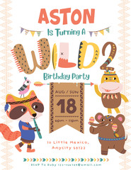Happy birthday party invitation card with cartoon tribal animals. Vector illustration - Vector