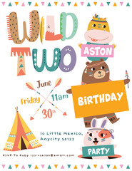 Fototapeta premium Happy birthday party invitation card with cartoon tribal animals. Vector illustration - Vector