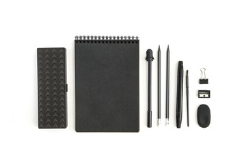 Office supplies. Back to school. Notepad pencils pen eraser sharpener pencil case. Objects on white background