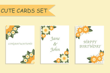 Fototapeta premium Cute cards templates set with compositions of yellow and orange flowers with green leaves in corners and text sample. White backgrounds. Flat style illustration. Vector.