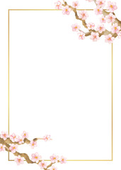 Floral vector frame with watercolor cherry or sacura flowers on white background.