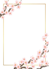 Floral vector frame with watercolor cherry or sacura flowers on white background.