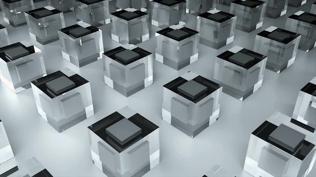 Many glass cubes or ice cubes are on flat surface, 3d rendering background, computer generated industrial backdrop