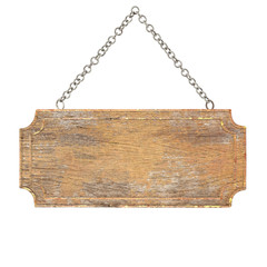 close up of a wooden sign with chain on white background