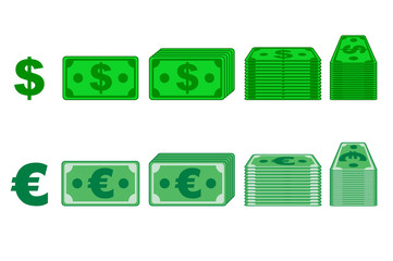 Money paper Dollar and Euro Vectors in different positions isolated on separate layers. Flat design. Vector Game element