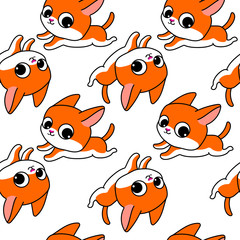  Red kitten runs away. Childish seamless pattern with kittens on white background.