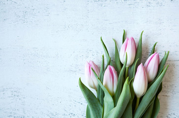 Bunch of pink tulips on white wood table top view, copyspace on left for text