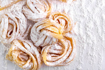 pasta with pasta ingredients on the dark wooden table top view