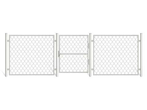 Wire fence isolated on white background. Silver colored three segments perimeter protection barrier with gate separated with metal steel poles. Chain link mesh, rabitz Realistic 3d vector illustration