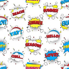 Seamless Comic Lettering Summer In The Speech Bubbles Comic Style Flat Design pattern. Dynamic Pop Art Vector Illustration Isolated On White Background. 