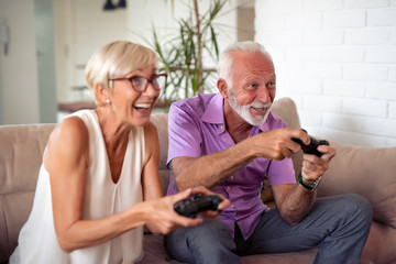 Senior couple playing video games