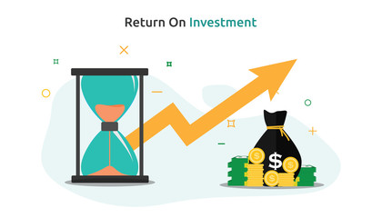 Return on investment, ROI, profit, business, flat vector conceptual of hourglass and sack of money with rising arrow, market and finance, Income growth vector illustration