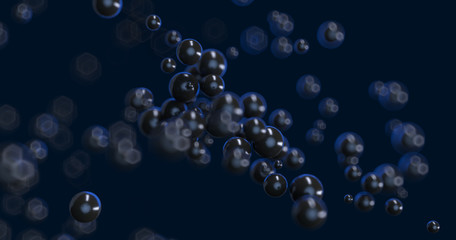 Abstract black background with geometric shapes, depth of field and bokeh. Neon futuristic backdrop. 3D render illustration