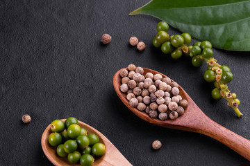 Farm fresh green peppercorns isolated on wood