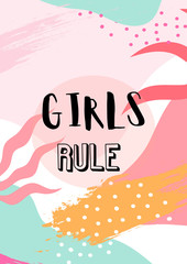 Girls rule feminist typography card with colorful artistic background