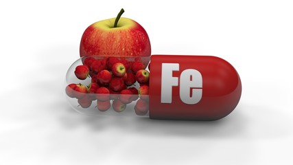 3D illustration of an Apple with a capsule, pill of the trace element iron. In the tablet to a variety of apples. 3D rendering isolated on white background. The object symbolizes a healthy lifestyle.