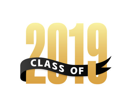 Class of 2019 Gold Lettering Graduation 3d logo with ribbon. Graduate design yearbook Vector illustration