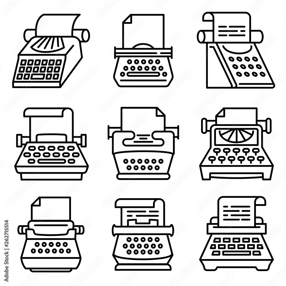 Poster typewriter icons set. outline set of typewriter vector icons for web design isolated on white backgr