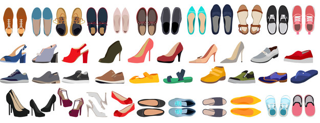vector, isolated, set of men's and women's shoes - obrazy, fototapety, plakaty