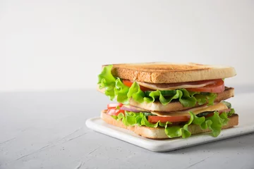 Draagtas Sandwich met wit toastbrood, spek, tomaat, ui, salade, kaas op wit. Ruimte voor tekst. © svetlana_cherruty