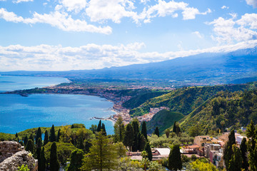 Fototapeta na wymiar Sicily coastline, Etna volcano and Mediterranean sea. Aerial panoramic view. 