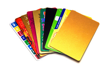 Discount cards and business cards on a white isolated background.
